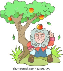 Cartoon Newton sits under the apple tree