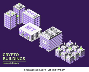 Cartoon NFT Gallery, Startup Coworking, Wallet Company e DAO Office Buildings City Architecture Concept 3d Isometric View Line Elements. Ilustração vetorial