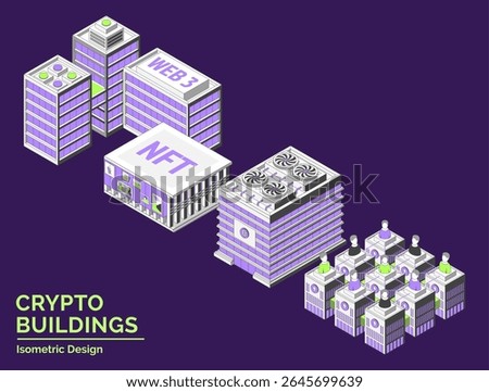 Cartoon NFT Gallery, Startup Coworking, Wallet Company and DAO Office Buildings City Architecture Concept 3d Isometric View Line Elements. Vector illustration