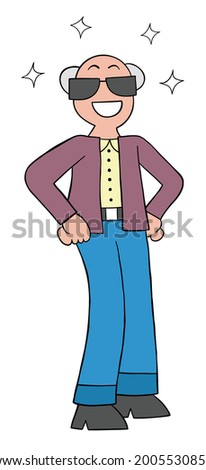 Cartoon nice dressed lecherous old man, vector illustration. Colored and black outlines.