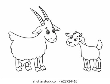 Cartoon Nice Mother Goat With Her Cute Cub. Outline