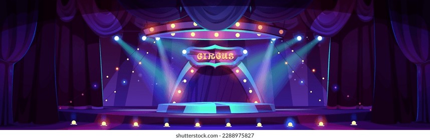 Cartoon night circus ring stage inside vector background. Dark theater amusement show scene backdrop illustration with spotlight and garland near platform. Evening festival podium for magician event.