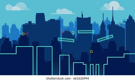 Cartoon night city landscape, vector unending background with geometrical road, buildings and sky layers. Vector illustration for your game design or etc.