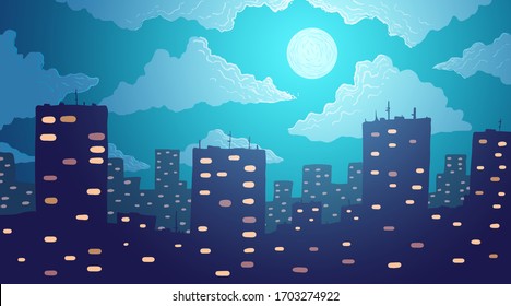 Cartoon night city on background of clouds and full moon. vector illustration.