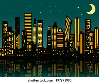 Cartoon Night City. Vector Eps 10