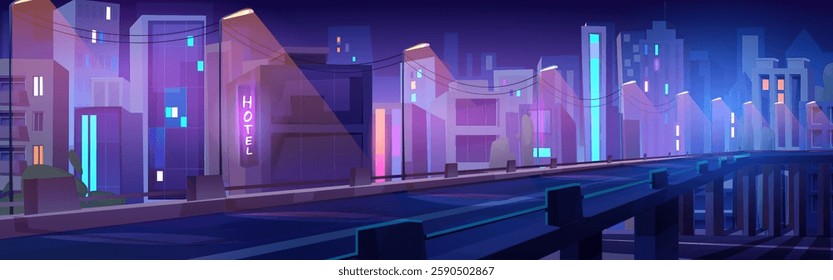 Cartoon night cityscape of highway bridge in neon colors. Empty roadway surrounded by modern buildings with glowing windows, luminous signs, street lamps and power lines. Purple blue urban landscape.