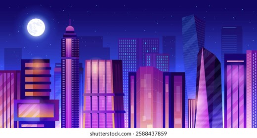 Cartoon night cityscape. Urban buildings dark street scene, downtown panoramic skyline apartment build exterior game background high houses roofs facade, swanky vector illustration original artwork