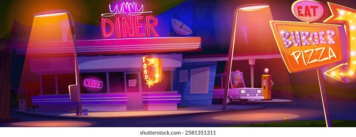 Cartoon night diner cafe with bright neon lights - glowing signage, food advertisement board, illuminated burger pizza menu. Retro building exterior, parked vehicle on gas station with cafeteria.