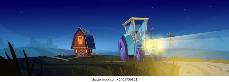 Cartoon night farm landscape with red wooden barn, tractor with turned on headlights on soil road in field. Rural dark agriculture scenery. Ranch with house and transportation in dusk under starry sky