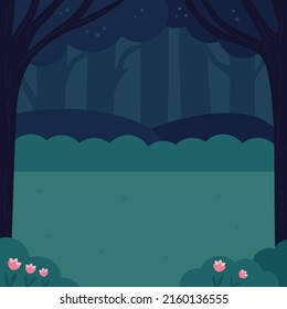 Cartoon night forest landscape for children books. Hand drawn flowers. Trees silhouette. Background for fairy tale. Flat style vector illustration.