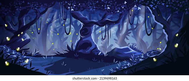 Cartoon night forest. Magic mystic wood with flying fireflies. Dark tree trunks and foliage. Nighttime landscape. Woodland panorama. Wild nature scenery. Vector fairy tale illustration