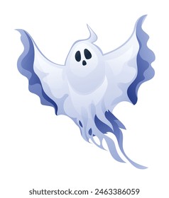 Cartoon night ghost character. Halloween spooky mysterious ghost. Vector illustration isolated on white background