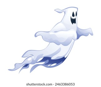 Cartoon night ghost flying. Halloween spooky mysterious ghost character. Vector illustration