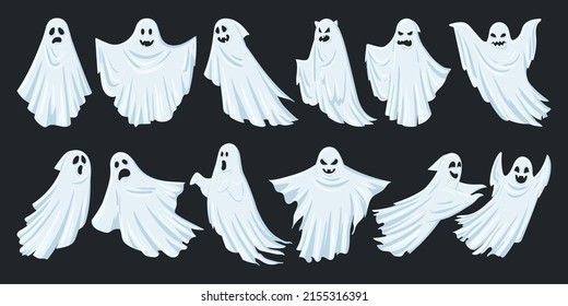 Cartoon night ghosts, mysterious spirit, shadow, and ghostly monsters. Halloween spooky mysterious flying ghost characters vector symbols illustrations set. Scary phantom shadows
