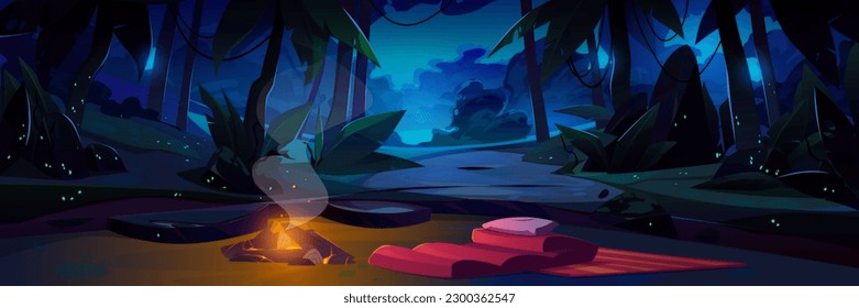 Cartoon night glade with campfire. Vector illustration of dark tropical forest with lianas on trees above lake, fireflies shimmering in darkness, fire burning and smoldering, sleeping bag on ground