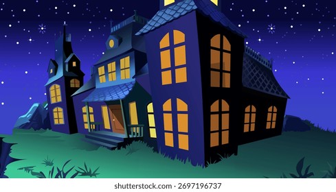 Vector de fondo de la casa de la noche de la historieta, fondo de la casa de la noche, azul, estrellas, verde, Ilustración vectorial