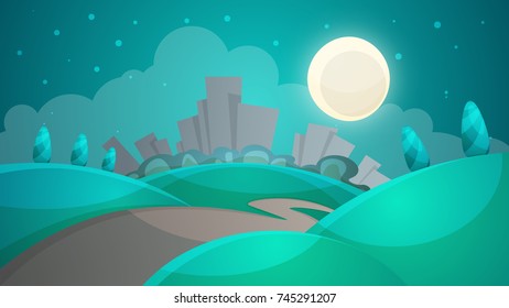 Cartoon night landscape. City, moon, tree road illustration Vector eps 10
