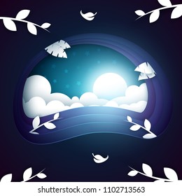 Cartoon night landscape. Cloud, branch, leaf moon Vector eps 10