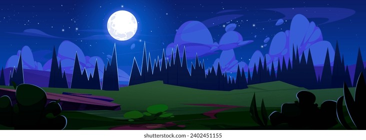 Cartoon Nachtlandschaft mit Wiese und Wald um Mitternacht unter dummen Mondlicht. Vektorgrafik dunkler Naturlandschaften mit Bäumen und Pinien, Gras auf dem Feld und Sternenhimmel mit Wolken.