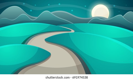 Cartoon night landscape. Moon and cloud. Vector eps 10