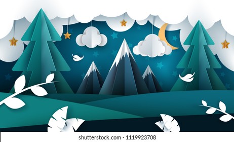 Paisaje nocturno de caricaturas. Ilustración de papel. Pasos vectoriales 10