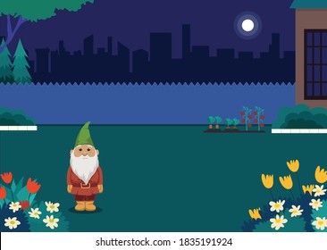 Cartoon Night Landscape With Starry Sky, Full Moon, Trees And Bushes , Wooden Fence. Backyard Background. Flat Vector