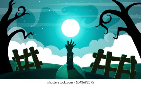 Cartoon night landscape. Zombie illustration. Vector eps 10