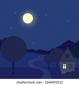 Cartoon night outdoor landscape. Contryside house near the path. Midnight blue sky. Stock vector illustration in flat style. Villiage background.