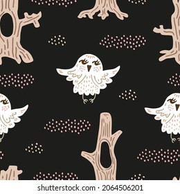 Cartoon night owls for baby. Pattern on black background for kids outerwear: jackets, raincoats, coats, umbrellas, bags. Woods animals for boys girls. Cute hand-drawn forest bird. Flat organic style.