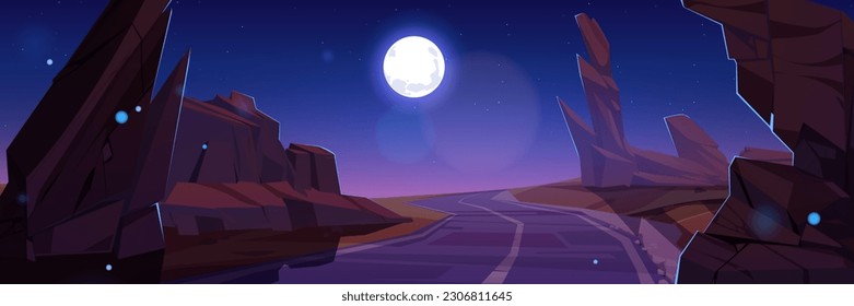 Cartoon Nachtstraße zwischen Felsen. Vektorgrafik der Wüstenlandschaft mit riesigen Steinen auf Seiten der leeren Autobahn, Vollmond und Sterne, die auf dunklem Mitternachtshimmel leuchten. Gefährlicher Abenteuerhintergrund