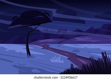 Cartoon night savannah landscape. Nature scenery with desert, tree and mountains. Vector illustration. Travel and tourism concept.