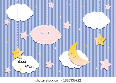 Cartoon night sky, creative design with clouds and crescent moon. Vector illustration isolated.