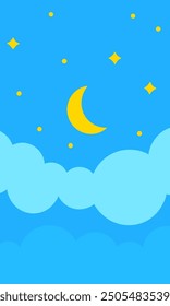 A cartoon of a night sky with a crescent moon and stars
