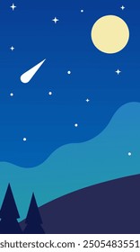 A cartoon of a night sky featuring a comet and a full moon