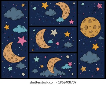 Cartoon night sky. Hand drawn print with stars, moon and clouds. Childish space pattern for sleep with starry galaxy, vector backgrounds set. Cosmos with constellation, dark cloudscape