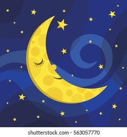 Cartoon night sky illustration with moon and stars. Vector flat art.