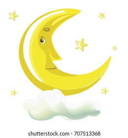 Cartoon night sky illustration with moon and stars. Vector illustration isolated on white background