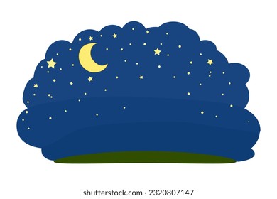 Cartoon night sky isolated on white background. Crescent moon, stars and grass on midnight sky. Night sky scenery icon.Dreamy sleep nightfall backdrop with lunar and starlit heaven.Vector illustration