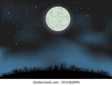 Cartoon night sky with moon and ground. Starry moonlight clouds and dark grass silhouette backdrop. Nature nightly landscape. Beautiful nature darkness meadow