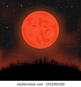 Cartoon night sky with red moon and ground. Starry moonlight clouds and dark grass silhouette backdrop. Nature nightly landscape. Beautiful nature darkness meadow