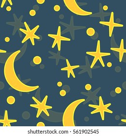 Cartoon night sky with space stars and moon for design in kids or baby style . Vector seamless illustration