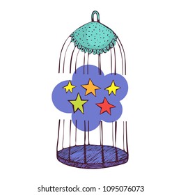 Cartoon Night Sky and Stars in the Cage in style doodle. Use for Your Design. Image is grouped and convenient to use. Colorful hand drawn vector stock illustration.