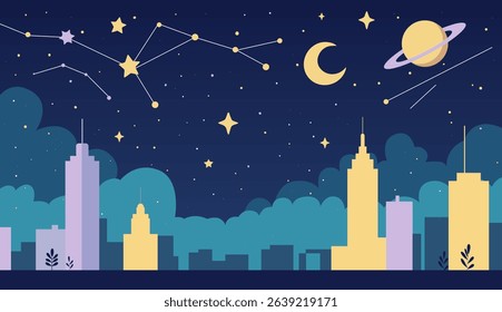 Cartoon night sky with stars, moon, and planets over distant city. Flat fairytale space vector illustration