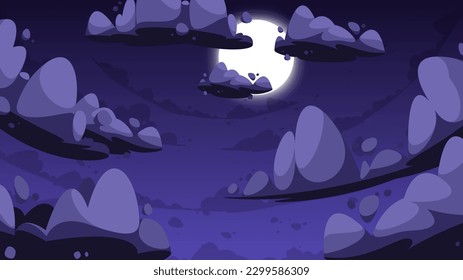 Cartoon night sky. Summer evening scene with stars and moon, summer night panoramic view with clouds and fog. Vector banner illustration of nature. Magical spooky cloudscape or heavens