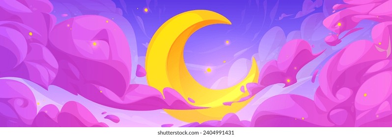 Cartoon night skyscape with fluffy anime style clouds and crescent moon. Vector air panoramic background of purple gradient colored cloudy heaven with pink curve shaped haze, yellow luna and stars.