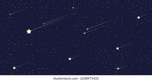 Cartoon night starry sky background. Bright shooting star, stardust shining stars. Universe pattern with burning stars and comets. Cosmic stars in darkness space.