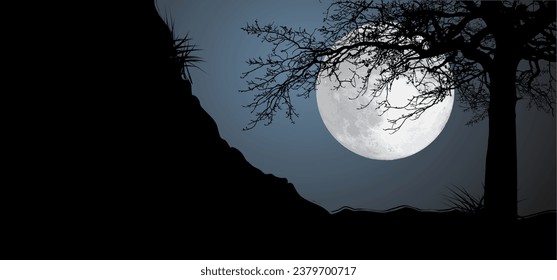 Cartoon night starry skyline. Big moon in ful moonlight and stars. and full moon. Vector Moonlight evening alchemy astrology symbol. Trees and stars.