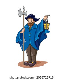 Cartoon Night watchman  with a lantern and a halberd. Vector character 