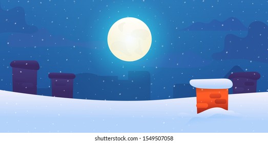 Cartoon night winter city roof at night with snowy chimney on background of full moon and snow. Christmas, new year vector urban background.