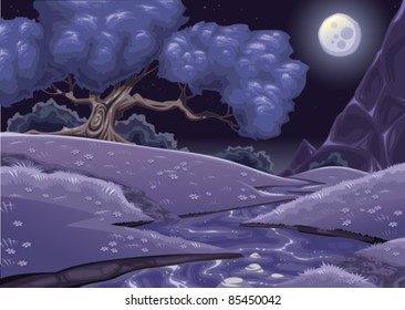 Paisaje nocturno de caricaturas con arroyo. Ilustración vectorial.